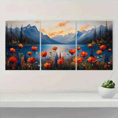 3pcs Vibrant Wildflower Scenery Lake Wall Art Set Canvas Unframed - High Quality Print 100% Australian Made Wall Canvas