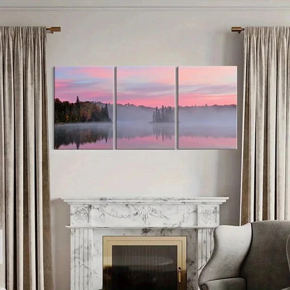 3pcs Lake Misty Forest Pink Sky Sunrise Wall Art Set Canvas Framed 40x60cm - High Quality Print 100% Australian Made Wall Canvas Ready to Hang - Bella Home Decor