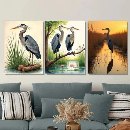 3pcs Herons in Nature Triptych Vertical Bird Wall Art Set Canvas Unframed - High Quality Print 100% Australian Made Wall Canvas