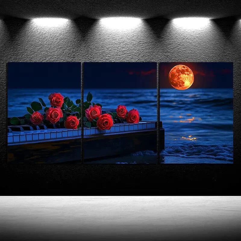 3pcs Red Rose Piano by The Sea Waves Metal Print Ready to Hang Art - Bella Home Decor