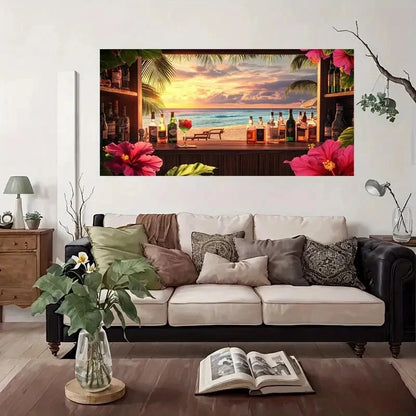 Tropical Sunset Beach Bar Wall Art Canvas Office Home Room Framed 120x60cm