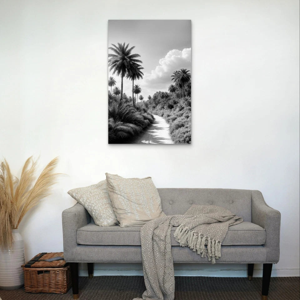 Minimalist Black and White Palm Tree Path 40x60cm Metal Print Ready to Hang