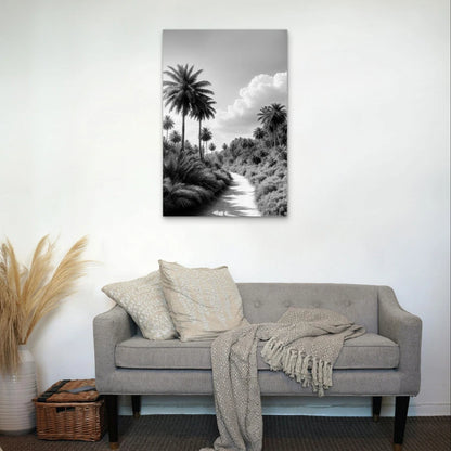 Minimalist Black and White Palm Tree Path 40x60cm Metal Print Ready to Hang