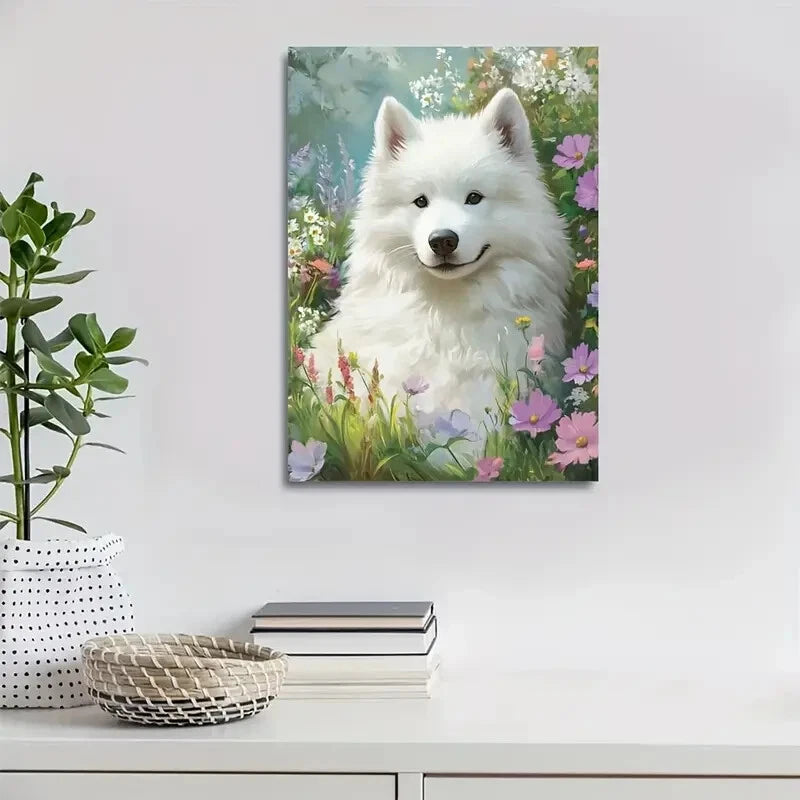 Adorable Samoyed Dog Vibrant Florl Painting 40x60cm Metal Print Ready to Hang - Bella Home Decor