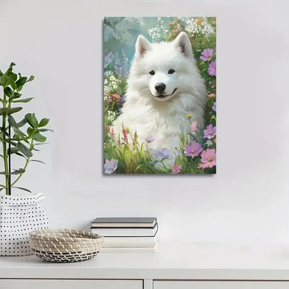 Adorable Samoyed Dog Vibrant Florl Painting 40x60cm Metal Print Ready to Hang - Bella Home Decor