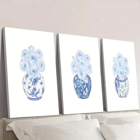 3pcs Blue and White Porcelain Rose Vase Wall Art Canvas Unframed - High Quality Print 100% Australian Made Wall Canvas - Bella Home Decor