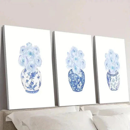 3pcs Blue and White Porcelain Rose Vase Wall Art Canvas Unframed - High Quality Print 100% Australian Made Wall Canvas - Bella Home Decor