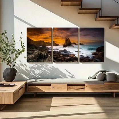 3pcs Cantabrian Coast at Sunset Natural Wall Art Set Canvas Framed 40x60cm - High Quality Print 100% Australian Made Wall Canvas Ready to Hang - Bella Home Decor