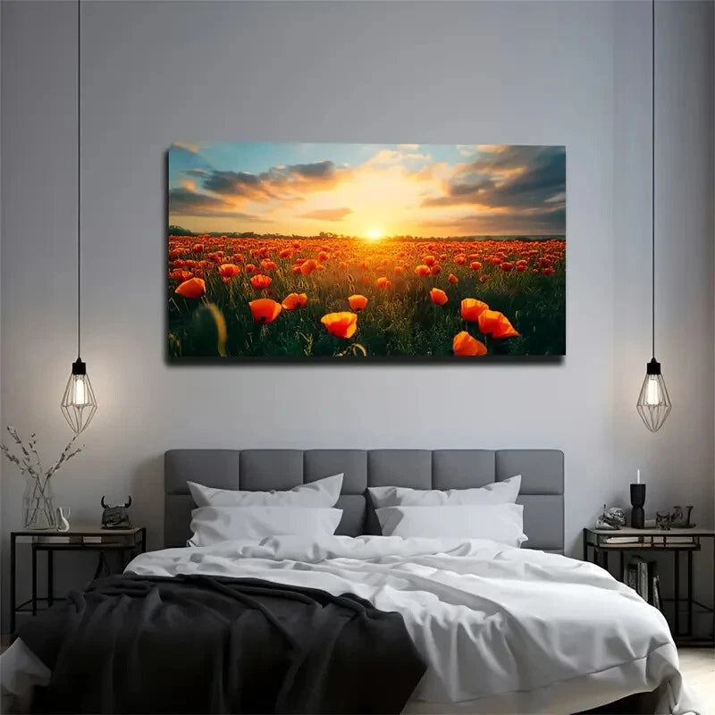 Blooming Orange Poppy Wall Art Canvas Office Home Room Framed 120x60cm - Bella Home Decor