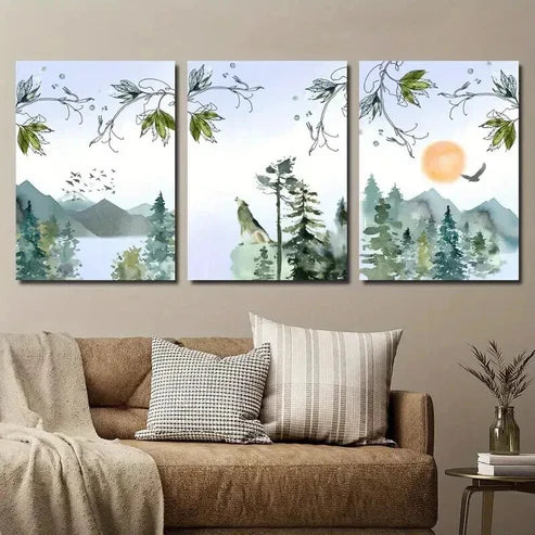 3pcs Abstract Landscape Painting with Sun Wall Art Canvas Unframed - High Quality Print 100% Australian Made Wall Canvas