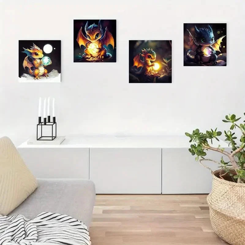 4pcs Modern Baby Dragon Wall Art Canvas Framed