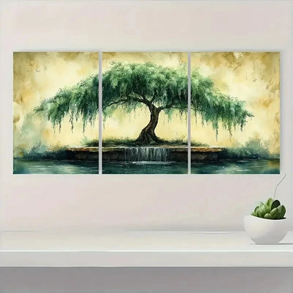 3pcs C Serene Green Tree Willow I  Wall Art Set Canvas Framed 50x70cm - High Quality Print 100% Australian Made Wall Canvas Ready to Hang - Bella Home Decor