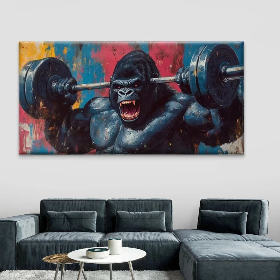 Gorilla Lifting Weights Wall Art Canvas Office Home Room Framed 120x60cm