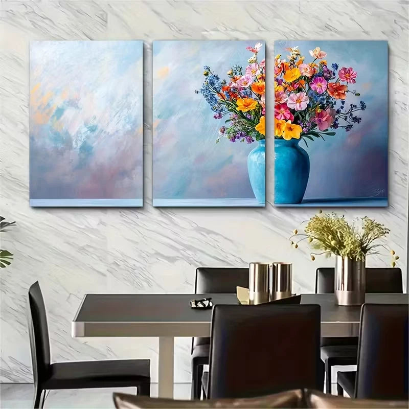 3pcs Flowers in a Blue Vase Minimalist Floral Metal Print Ready to Hang Art - Bella Home Decor