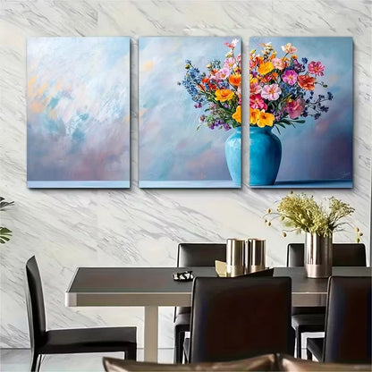 3pcs Flowers in a Blue Vase Minimalist Floral Metal Print Ready to Hang Art - Bella Home Decor