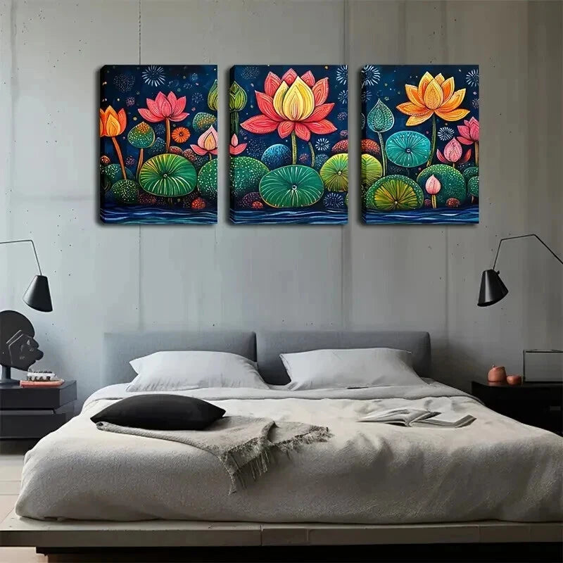 3pcs Colorful Lotus Flowers Triptychs Perfect Wall Art Set Canvas Framed 50x70cm - High Quality Print 100% Australian Made Wall Canvas Ready to Hang - Bella Home Decor