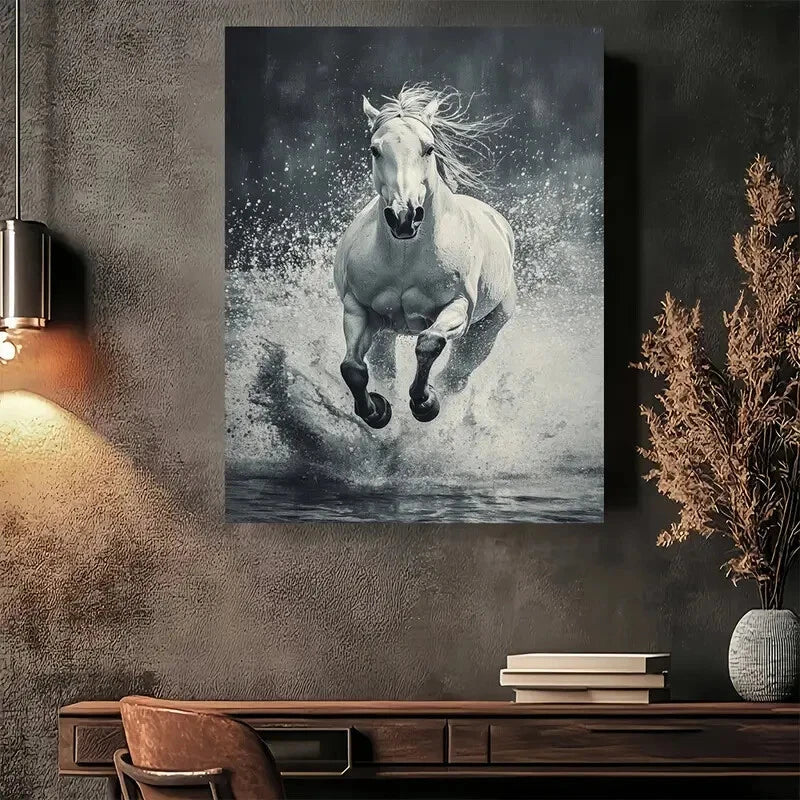 Beautiful Elegant White Horse In Motion Painting 40x60cm Metal Print Ready to Hang - Bella Home Decor