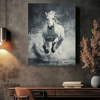 Beautiful Elegant White Horse In Motion Painting 40x60cm Metal Print Ready to Hang - Bella Home Decor