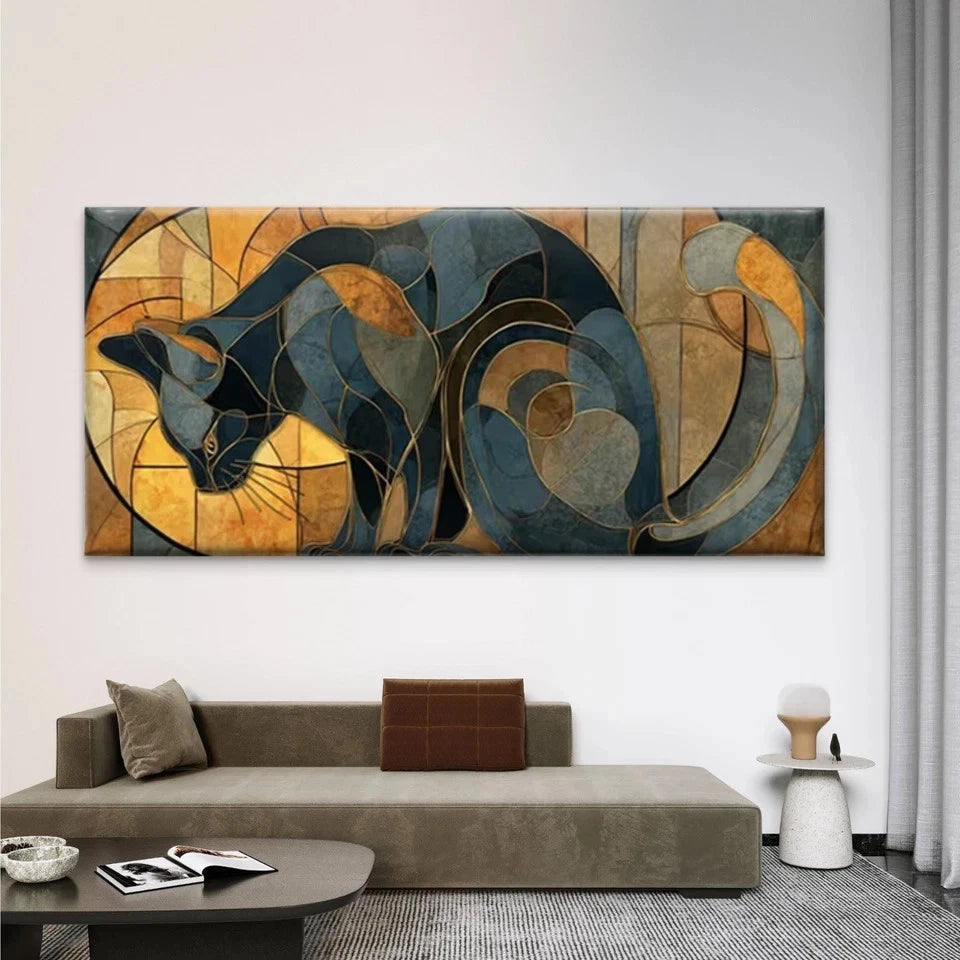 Geometric Abstract Cat Design Wall Art Canvas Office Home Room Framed 120x60cm