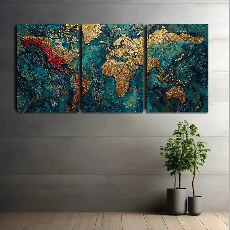 3pcs Golden & Turquoise World Map Metal Print Ready to Hang Art - Bella Home Decor