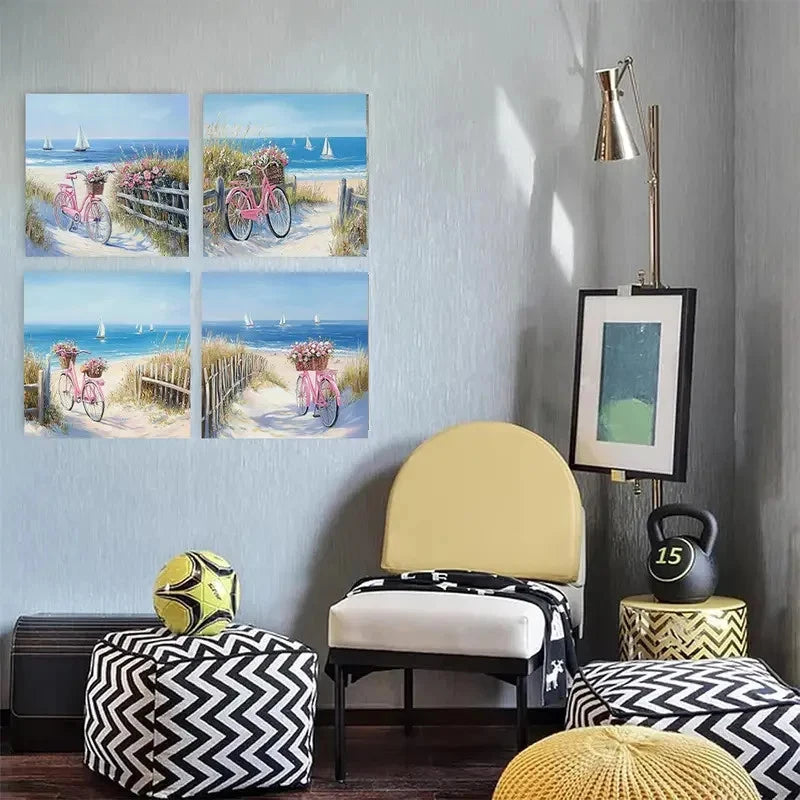 4pcsPink Bicycle Wall Art Canvas Framed