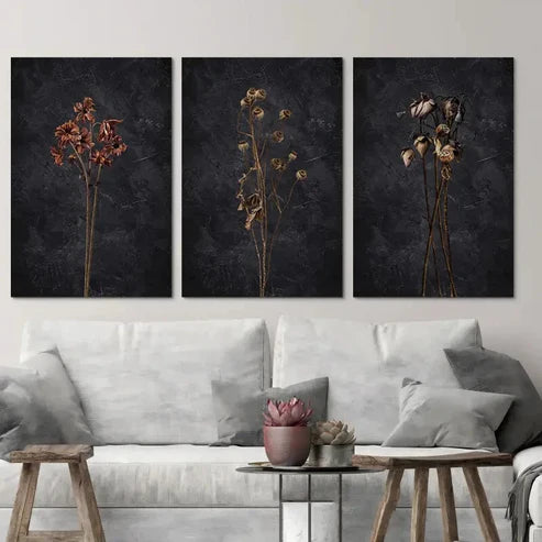 3pcs Dark Dried Wildflower Floral Botanical Wall Art Set Canvas Unframed - High Quality Print 100% Australian Made Wall Canvas - Bella Home Decor