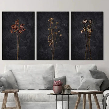 3pcs Dark Dried Wildflower Floral Botanical Wall Art Set Canvas Unframed - High Quality Print 100% Australian Made Wall Canvas - Bella Home Decor