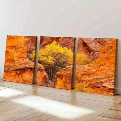 3pcs Autumn Golden Trees on a Valley Wall Art Set Canvas Framed 50x70cm - High Quality Print 100% Australian Made Wall Canvas Ready to Hang - Bella Home Decor