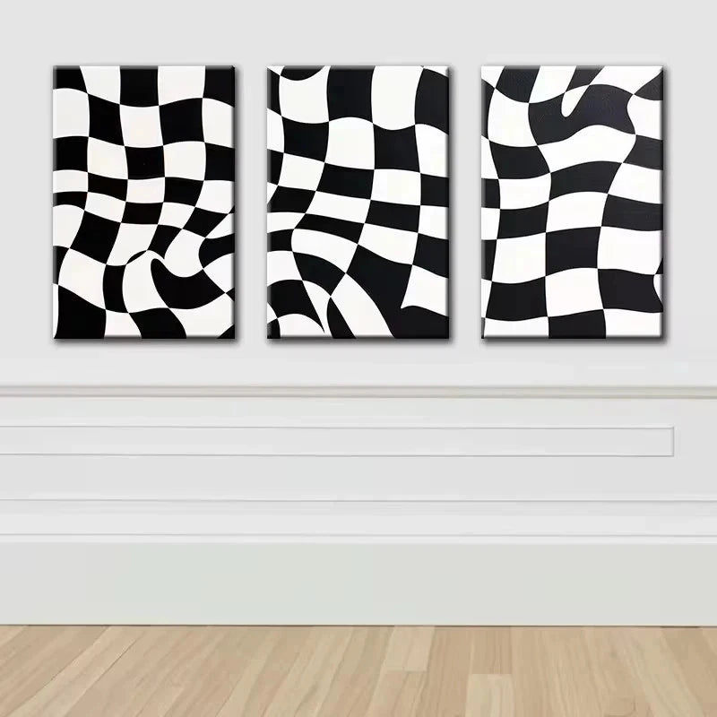 3pcs Black and White Checkered Pattern Metal Print Ready to Hang Art - Bella Home Decor