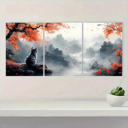 3pcs Chinese Style Cat on Tree C  Wall Art Set Canvas Framed 40x60cm - High Quality Print 100% Australian Made Wall Canvas Ready to Hang - Bella Home Decor