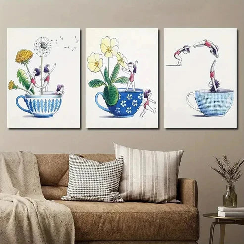 3pcs Floral And Human Painting on Cups Prints Wall Art Canvas Unframed - High Quality Print 100% Australian Made Wall Canvas