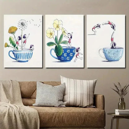 3pcs Floral And Human Painting on Cups Prints Wall Art Canvas Unframed - High Quality Print 100% Australian Made Wall Canvas
