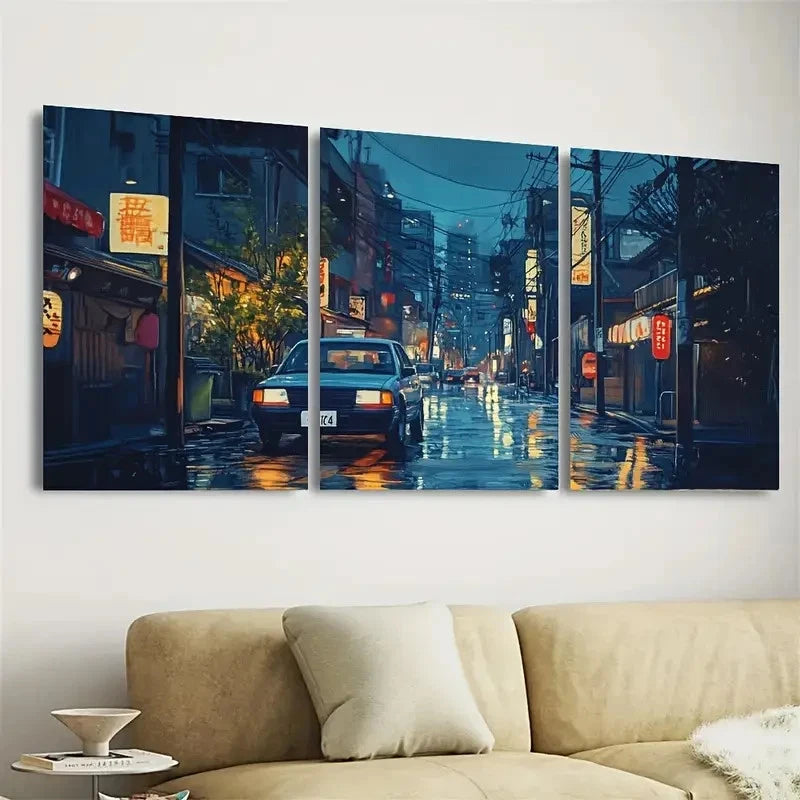 3pcs DustinWay Art Ukiyo E Night Street Wall Art Set Canvas Framed 50x70cm - High Quality Print 100% Australian Made Wall Canvas Ready to Hang - Bella Home Decor