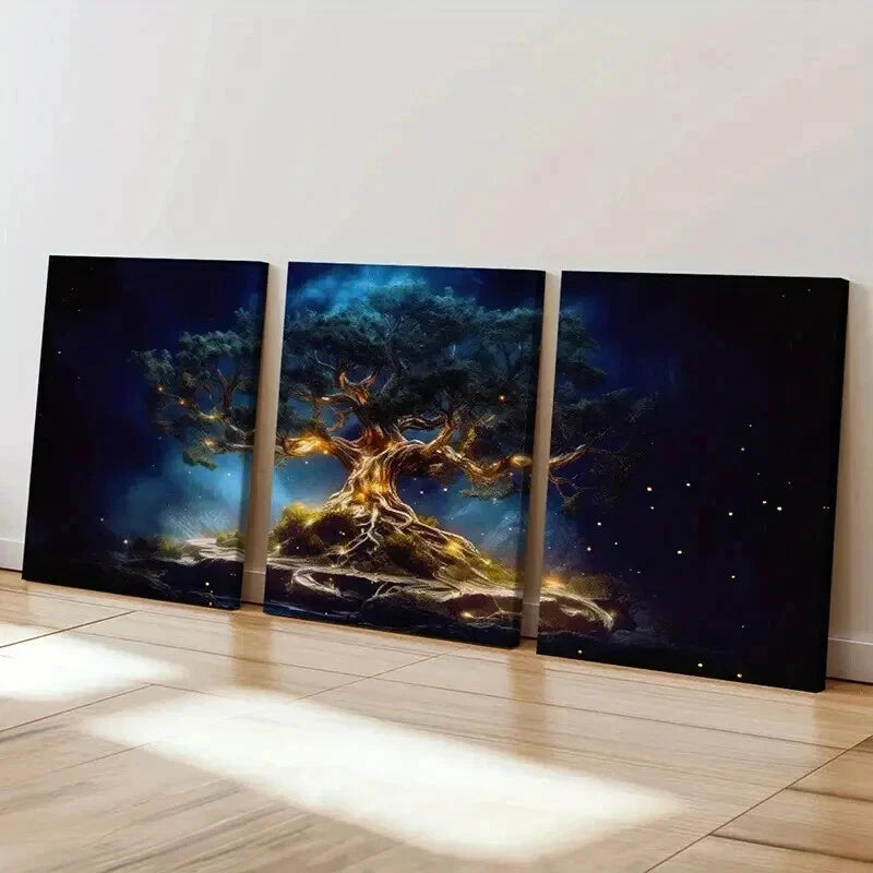 3pcs Glowing Lights Starry Night & Mystical Tree Wall Art Set Canvas Framed 50x70cm - High Quality Print 100% Australian Made Wall Canvas Ready to Hang - Bella Home Decor