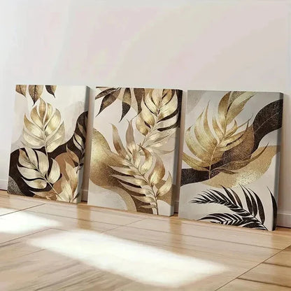 3pcs Golden Leaves with Abstract Patterns Wall Art Set Canvas Unframed - High Quality Print 100% Australian Made Wall Canvas - Bella Home Decor