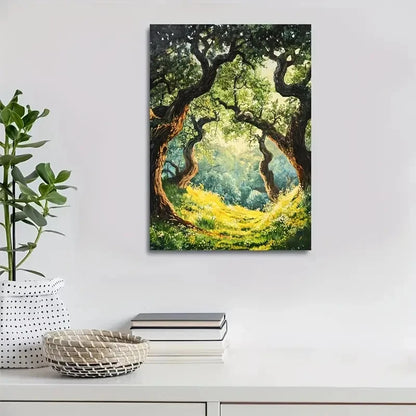 Vibrant Oak Forest Scene with Sunlit Trees & Lush 40x60cm Metal Print Ready to Hang - Bella Home Decor