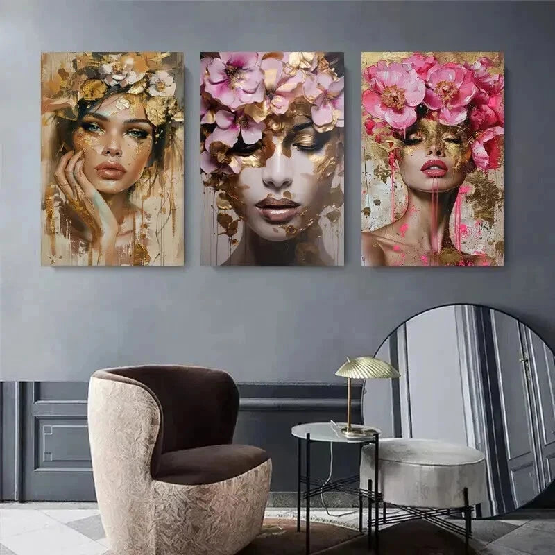 3pcs Floral Crown Woman Pcortrait Elegant Perfect Wall Art Set Canvas Framed 50x70cm - High Quality Print 100% Australian Made Wall Canvas Ready to Hang - Bella Home Decor