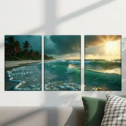 3pcs Vibrant Sunset Palm Trees & Waves Wall Art Canvas Unframed - High Quality Print 100% Australian Made Wall Canvas