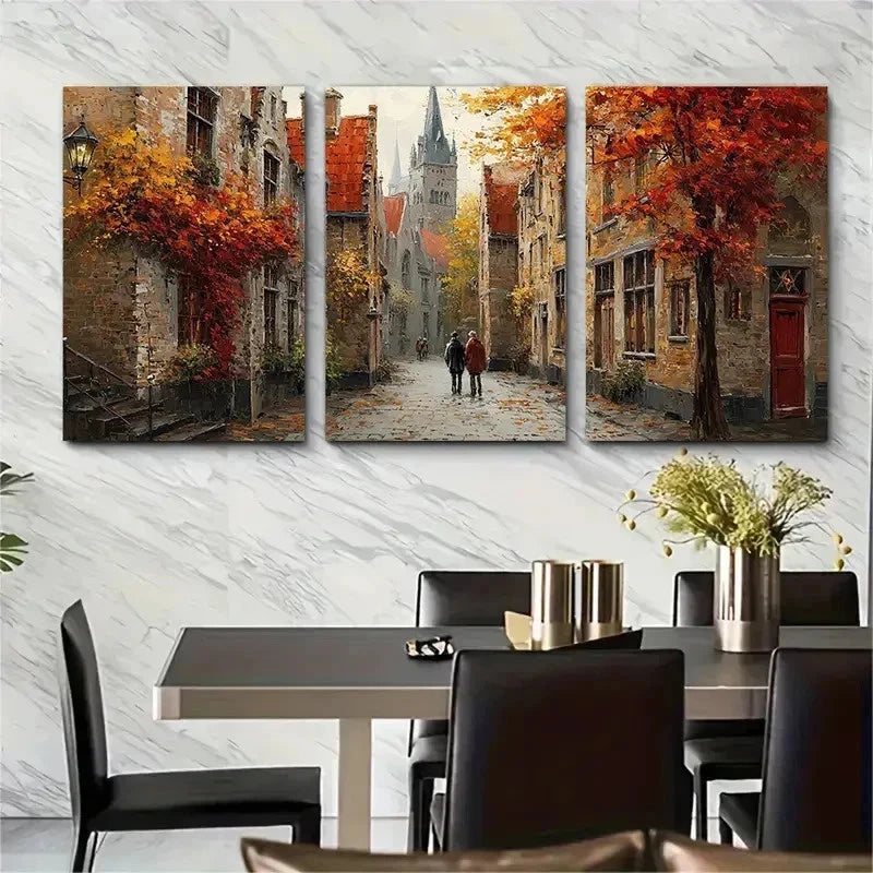 3pcs Autumnal Brugge Streets Couple Perfect Wall Art Set Canvas Framed 50x70cm - High Quality Print 100% Australian Made Wall Canvas Ready to Hang - Bella Home Decor