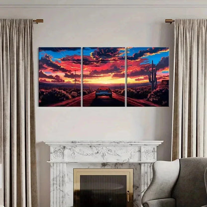 3pcs Sunset Strip & Sports Car Modern Wall Art Set Canvas Framed 60x90cm - High Quality Print 100% Australian Made Wall Canvas Ready to Hang