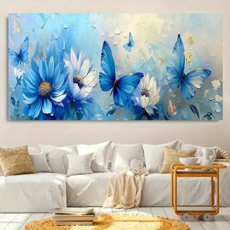 Blue Flower Butterfly Fashion Wall Art Canvas Office Home Room Framed 120x60cm