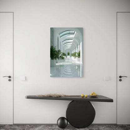 Sunlit White Walls & Plant-Filled Hallway Metal Print Ready to Hang