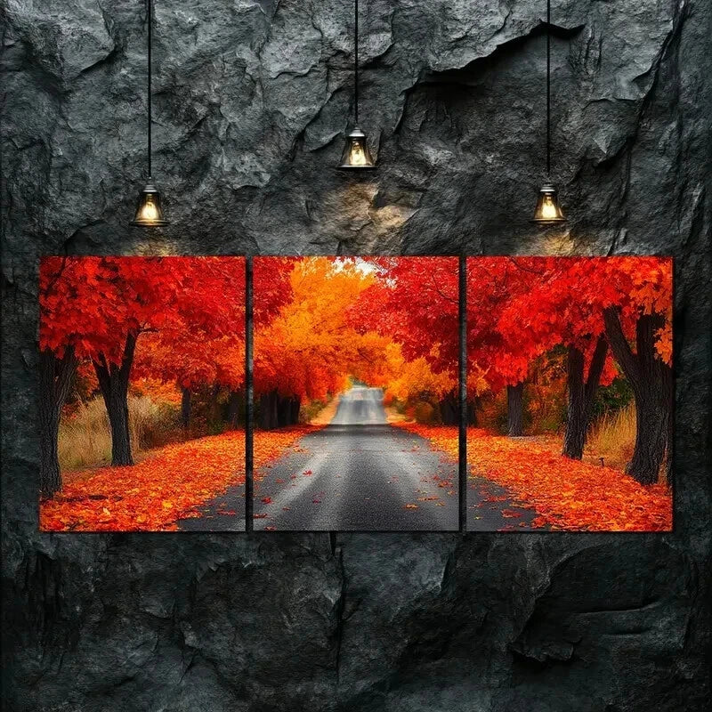 3pcs Vibrant Autumn Forest Road Nature Perfect Wall Art Set Canvas Framed 60x90cm - High Quality Print 100% Australian Made Wall Canvas Ready to Hang