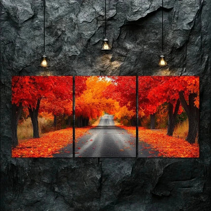 3pcs Vibrant Autumn Forest Road Nature Perfect Wall Art Set Canvas Framed 60x90cm - High Quality Print 100% Australian Made Wall Canvas Ready to Hang