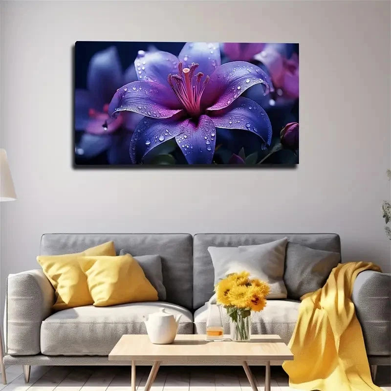 Vibrant Blue-Purple Lily Wall Art Canvas Office Home Room Framed 120x60cm