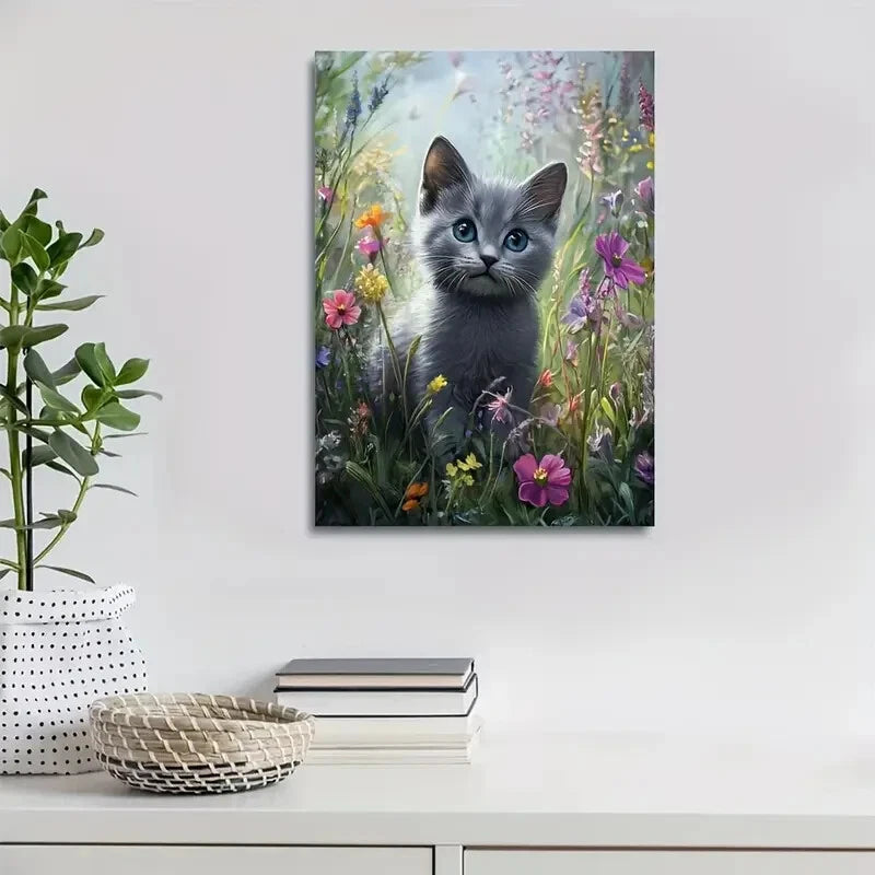 Adorable Russian Blue Kitten Among Flower Painting 40x60cm Metal Print Ready to Hang