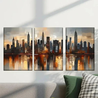 3pcs Painting of a City Skyline with Buildings Wall Art Canvas Unframed - High Quality Print 100% Australian Made Wall Canvas