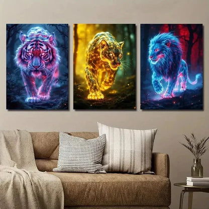 3pcs Glowing Wild Animal Tiger Cheetah and Lion Wall Art Set Canvas Unframed - High Quality Print 100% Australian Made Wall Canvas - Bella Home Decor