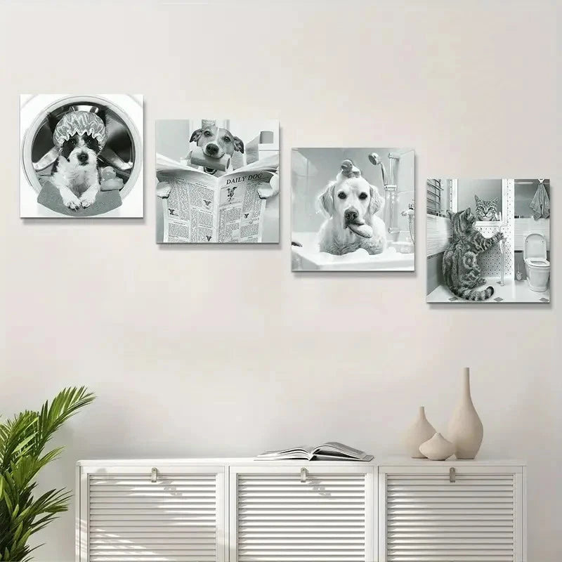 4pcs Cute Cat Dog Wall Art Canvas Framed
