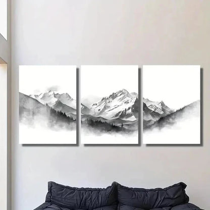 3pcs Snow Capped Peaks and Foggy Forest Scenery Wall Art Canvas Unframed - High Quality Print 100% Australian Made Wall Canvas